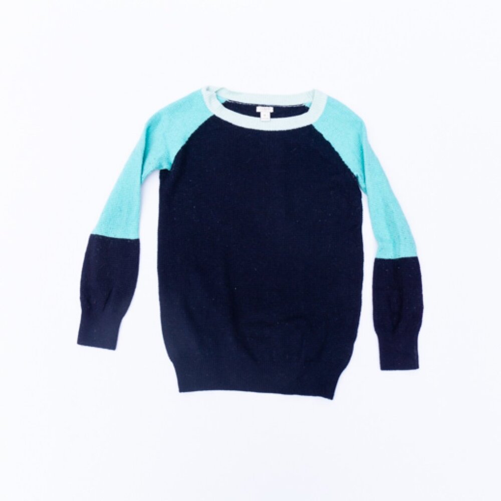 J Crew Y2K Colorblock Sweater Navy Turquoise Wool Preppy EUC Waffle Knit Thermal